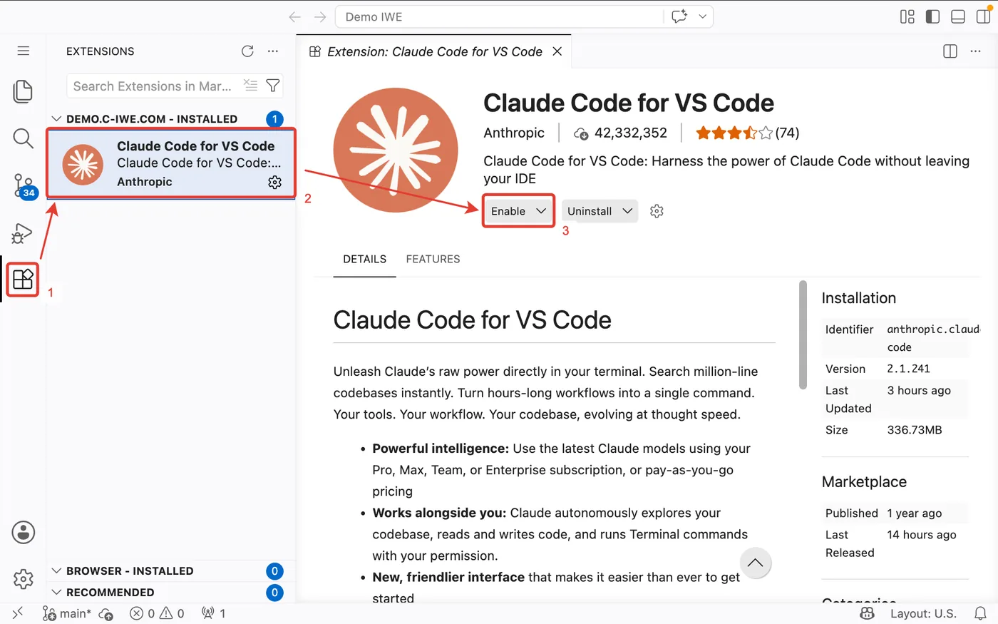 Включение расширения Claude Code